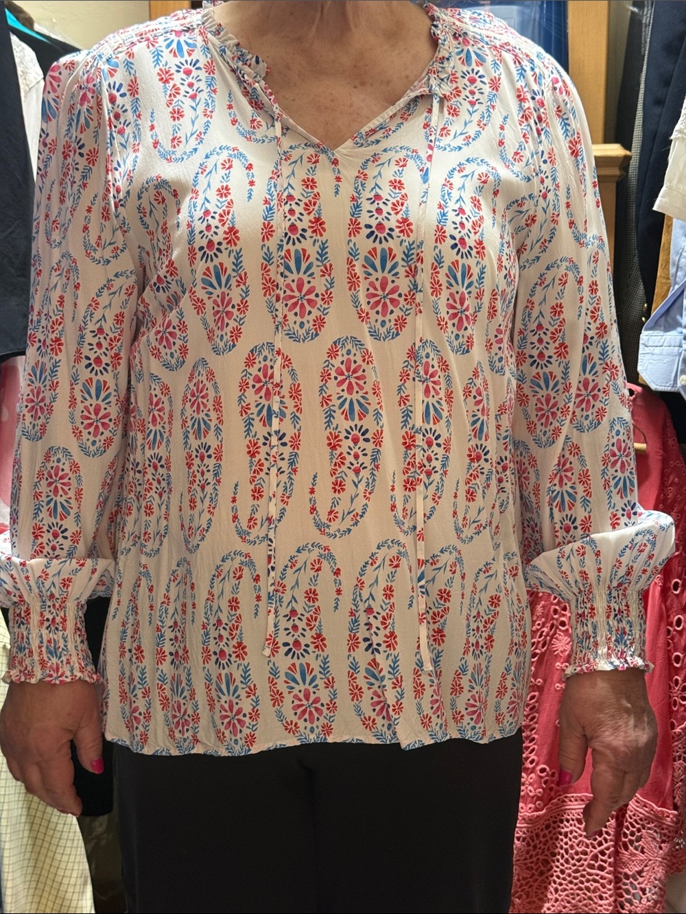 Talbots Cream Blouse with Pink & Blue Floral Print